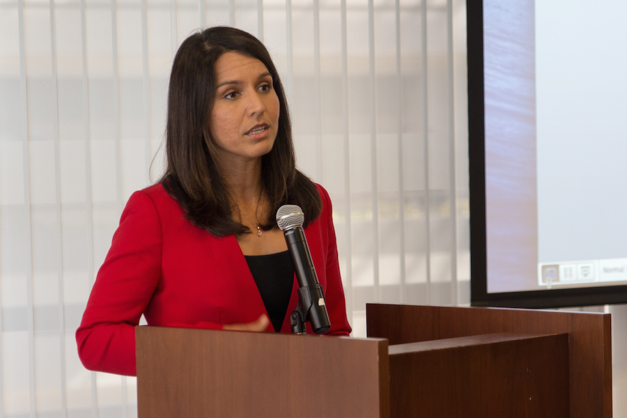 Tulsi Gabbard accepting the Doshi Bridgebuilder Award