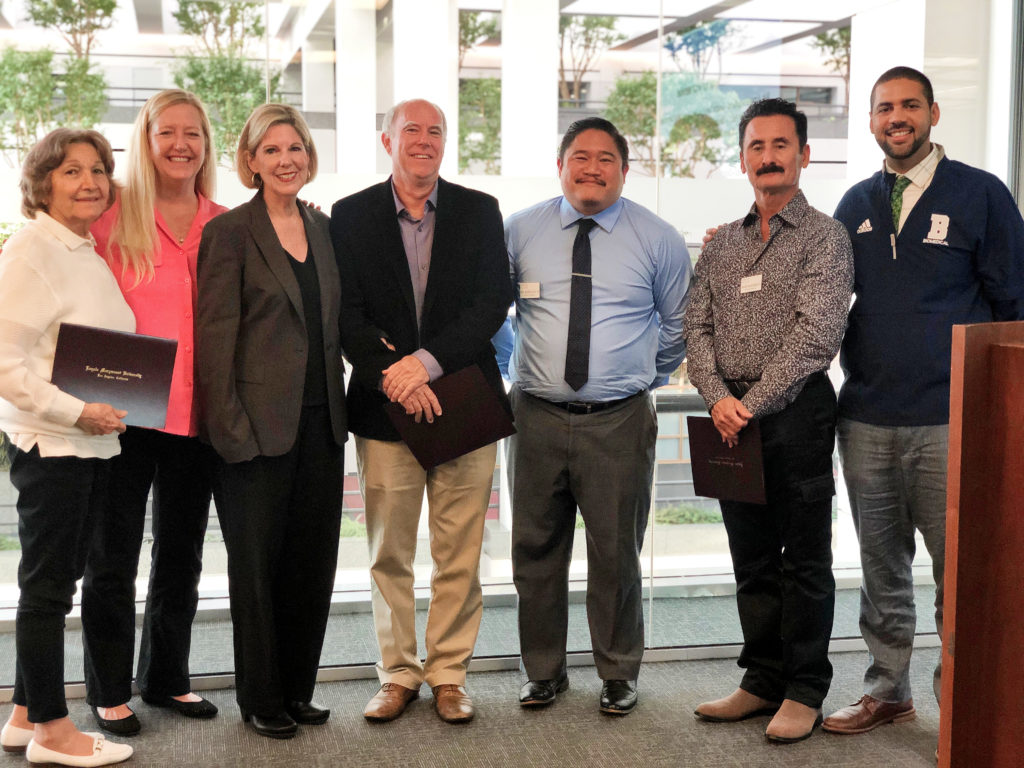 (L-R): Chaké Kouyoumjian ’95, Jayne Quinn, Ed.D. ’10, Interim Dean Mary K. McCullough, Ph.D., Chris Jones, Ed.D. – B.A. ’80, Roy Quinto, Ed.D. ’14, Armando Wm. Argandoña ’78, Christian DeLarkin, Ed.D. ’13