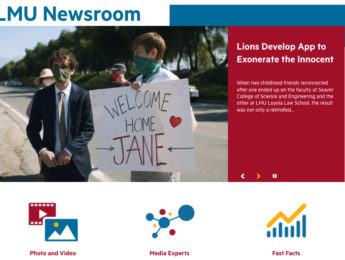 A screenshot of the newly launched LMU Newsroom, showing the feature story slider.