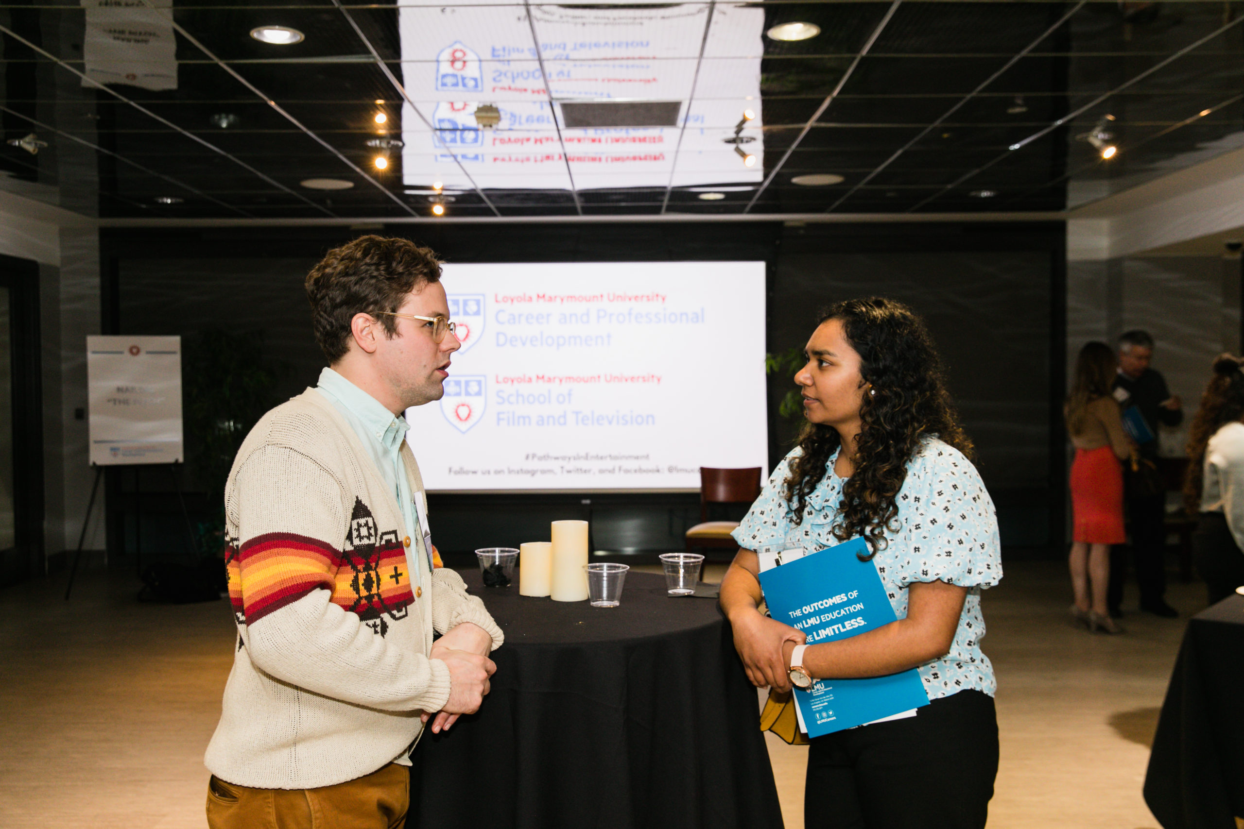 Two students talking at 2020 SFTV Pathways to Entertainment Event
