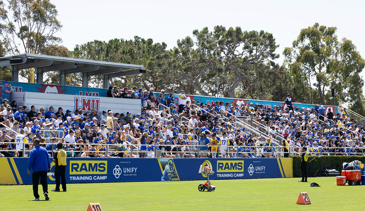Green grass with people filling stands outside watching a football practice.