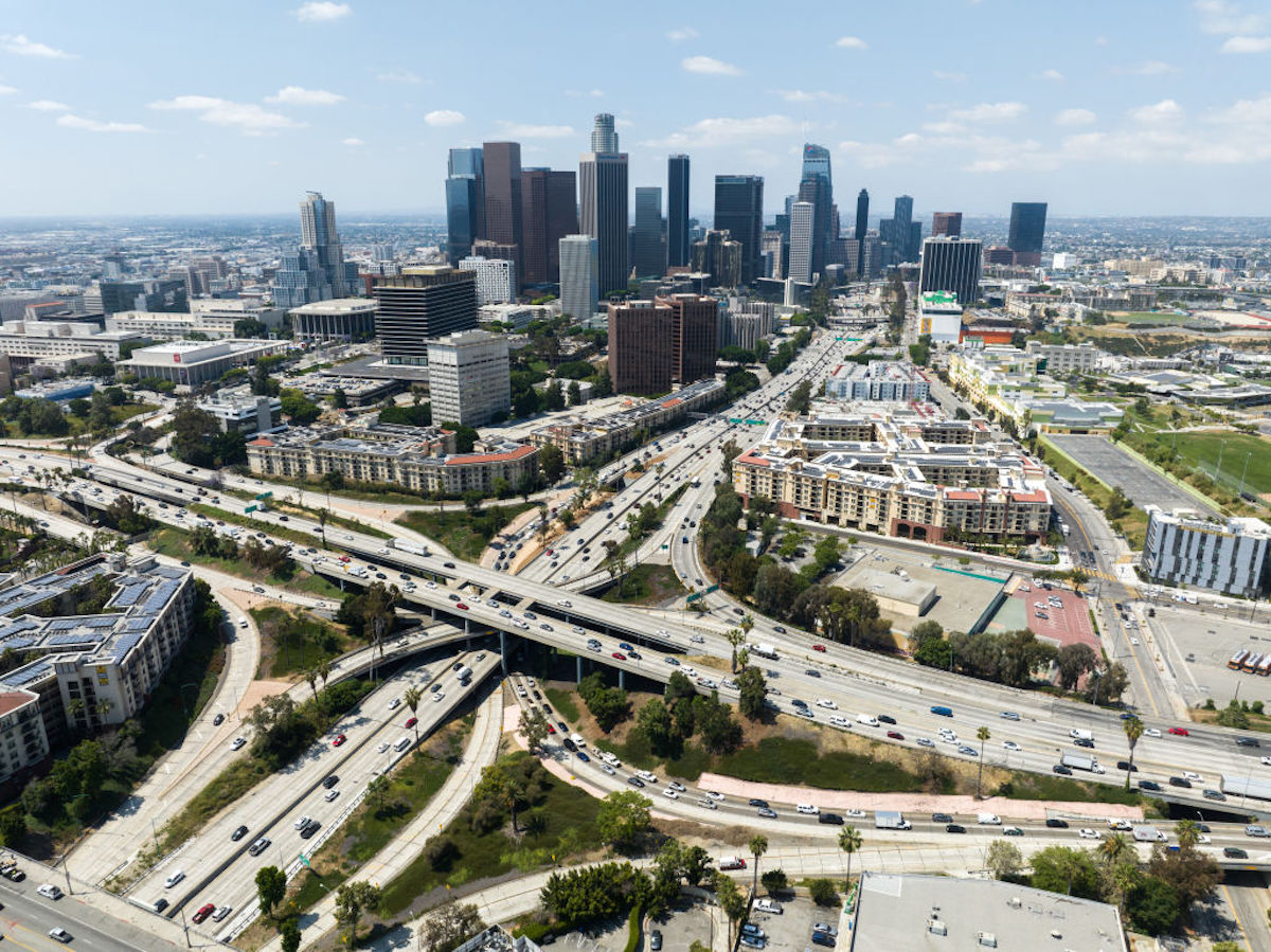 Los Angeles skyline and the four-level interchange where the 110 and 101 freeways meet. Photographed in Los Angeles, CA on Friday, June 23, 2023. (Myung J. Chun / Los Angeles Times) Getty download