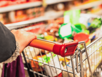 grocery cart full of food being pushed by a person whose hands are visible in the photo