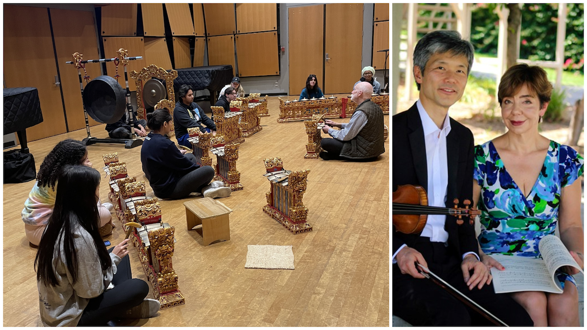 Photo collage with violinist Ken Aiso and pianist Valeria Morgovskaya and Balinese Gamelan