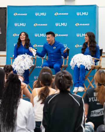 Los Angeles Rams Cheerleaders Lily Lawsin, Eswinn Diaz, and Miranda Kotero speak to LMU Dance majors and minors