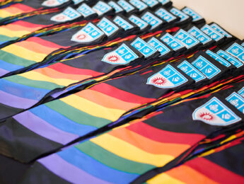 Rainbow flags on black stoles with the LMU logo.