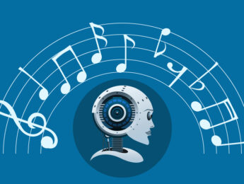 Robot head with music notes surrounding it