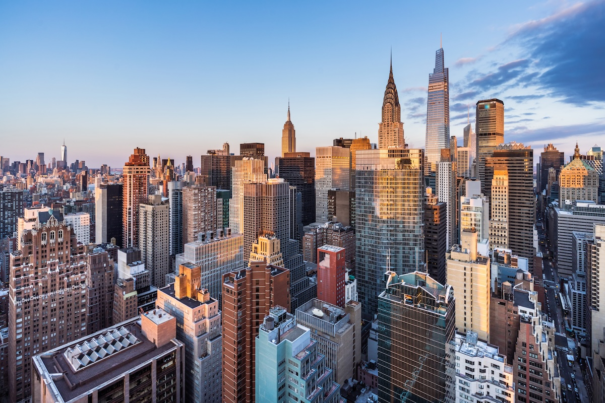 Buildings in the New York City skyline at dusk