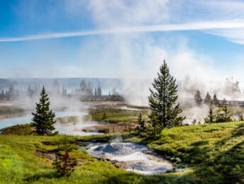 Yellowstone Lake and Thumb Geyser view in Yellowstone National Park, Wyoming, USA.