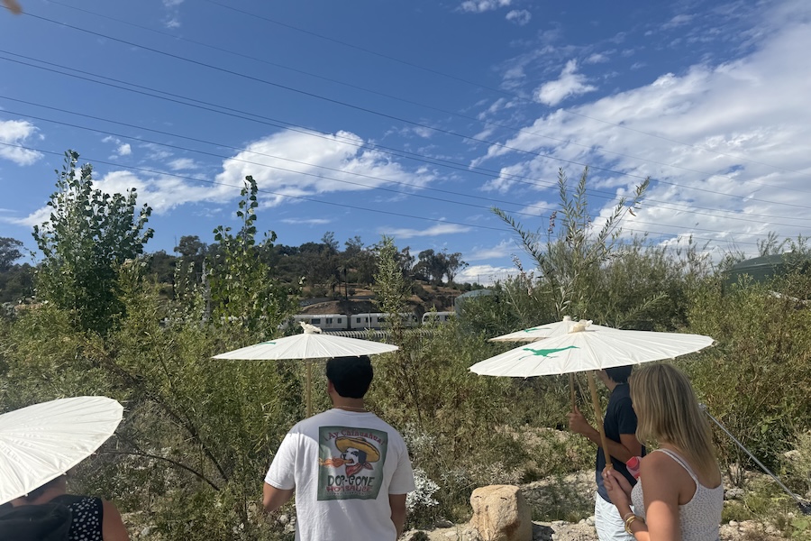 Students gather at LA River with paper parasol umbrellas in greenery under a blue sky. 