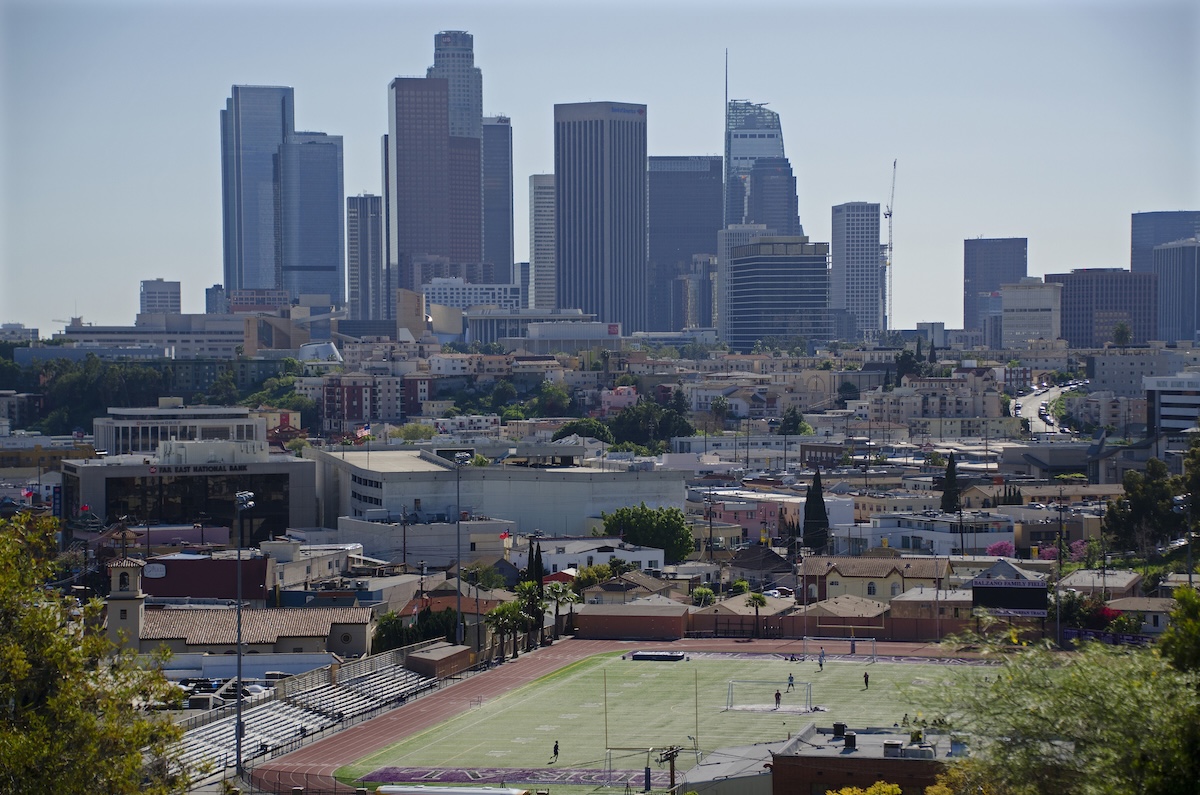 Downtown Los Angeles skyline from north nearby hills