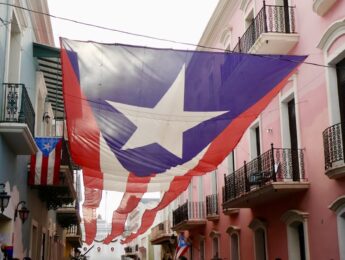 Celebration banner in streets of Old San Juan Puerto Rico