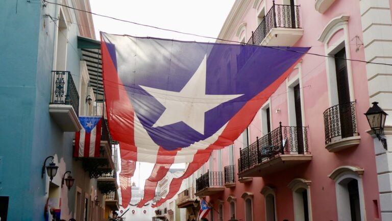 Celebration banner in streets of Old San Juan Puerto Rico