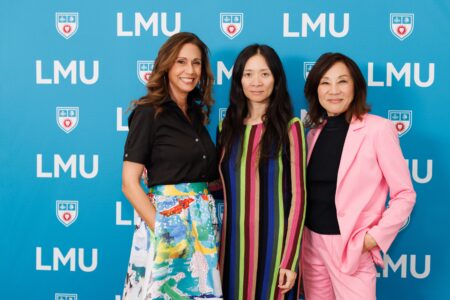 Filmmaker Chloé Zhao and LMU Presidential Fellow Janet Yang with SFTV Dean Joanne Moore