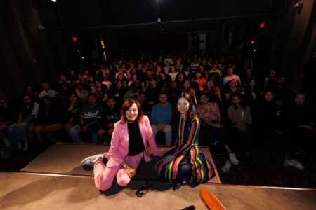Filmmaker Chloé Zhao and LMU Presidential Fellow Janet Yang with SFTV students
