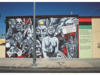 Noni Olabisi, "Freedom Won't Wait," 1992, Acrylic, 15 x 25 ft. 54th St. at Western Ave. Photo credit: Robin J. Dunitz. Social and Public Art Resource Center (SPARC), The Great Walls Unlimited: Neighborhood Pride Mural Program, 1988-2002, Courtesy of Laband Art Gallery, Copyright held by the Estate of Noni Olabisi