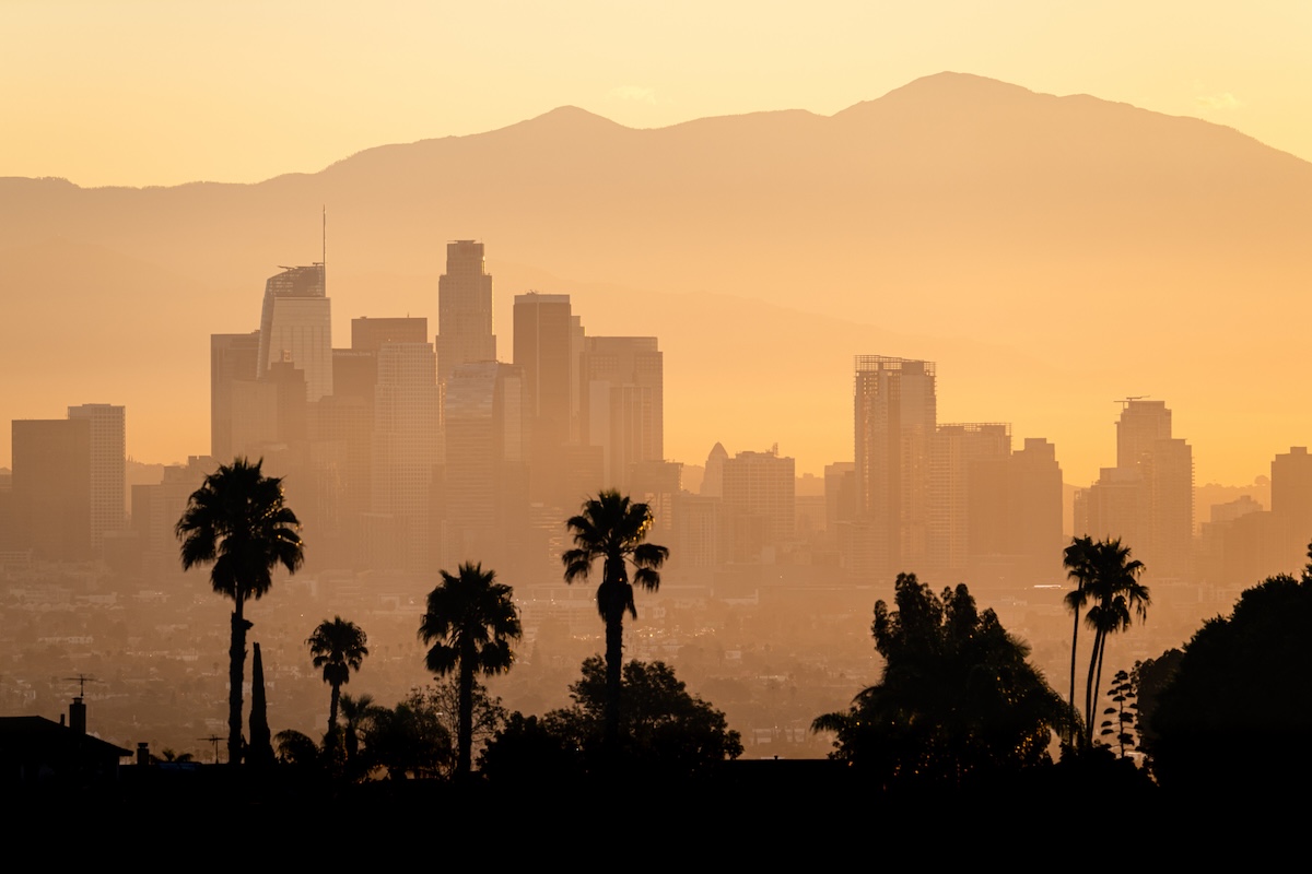 Silhouette of palm trees in front of a hazy city skyline and mountain backdrop at sunset, Los Angeles, California