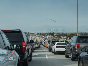 Traffic jam at a complete standstill on the 110 Freeway traveling from LAX towards downtown