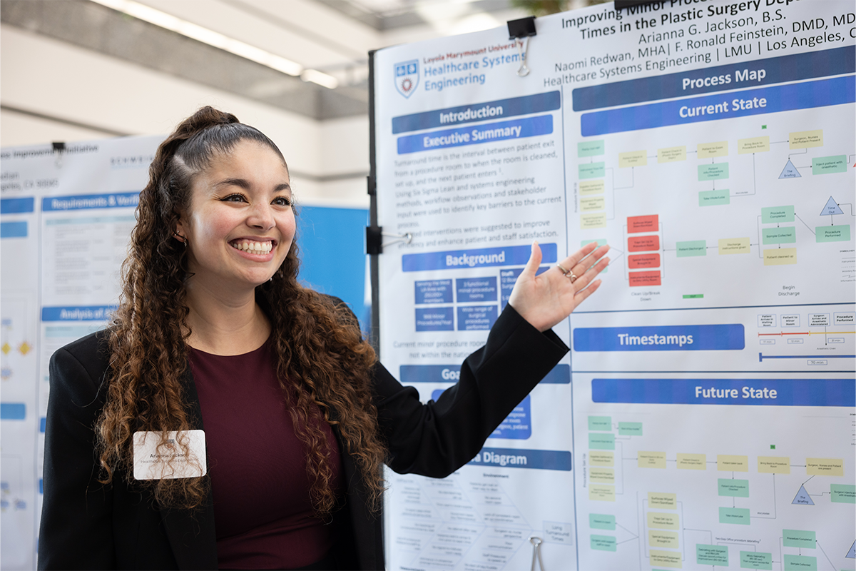 Arianna Jackson, M.S. in healthcare systems engineering '26, presents her capstone project at 2026 Engineering and Computer Science Design Showcase