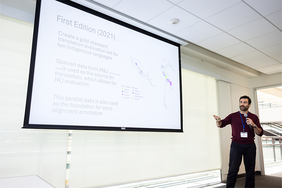 Speaker presenting at AI and Indigenous Language Revitalization Workshop at LMU