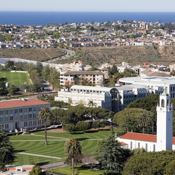 aerial shot of LMU campus with Playa Vista in background