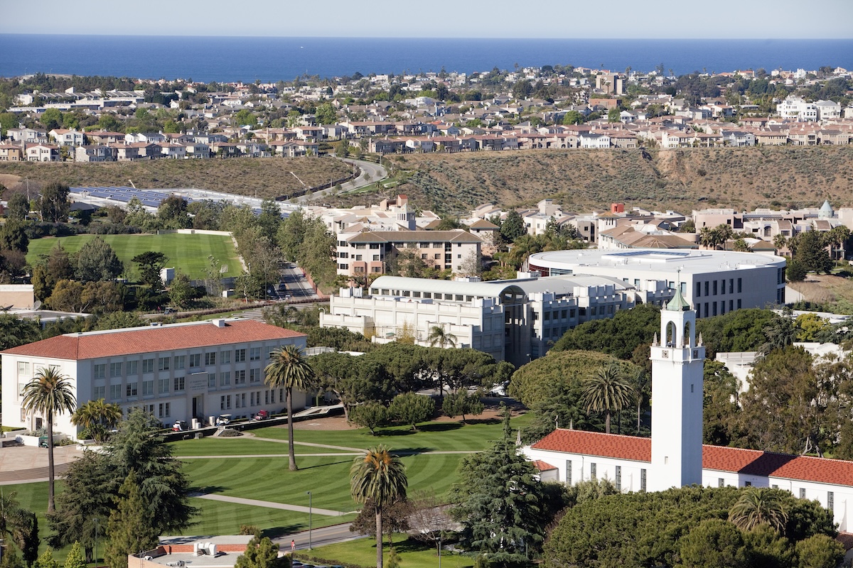 aerial shot of LMU campus with Playa Vista in background