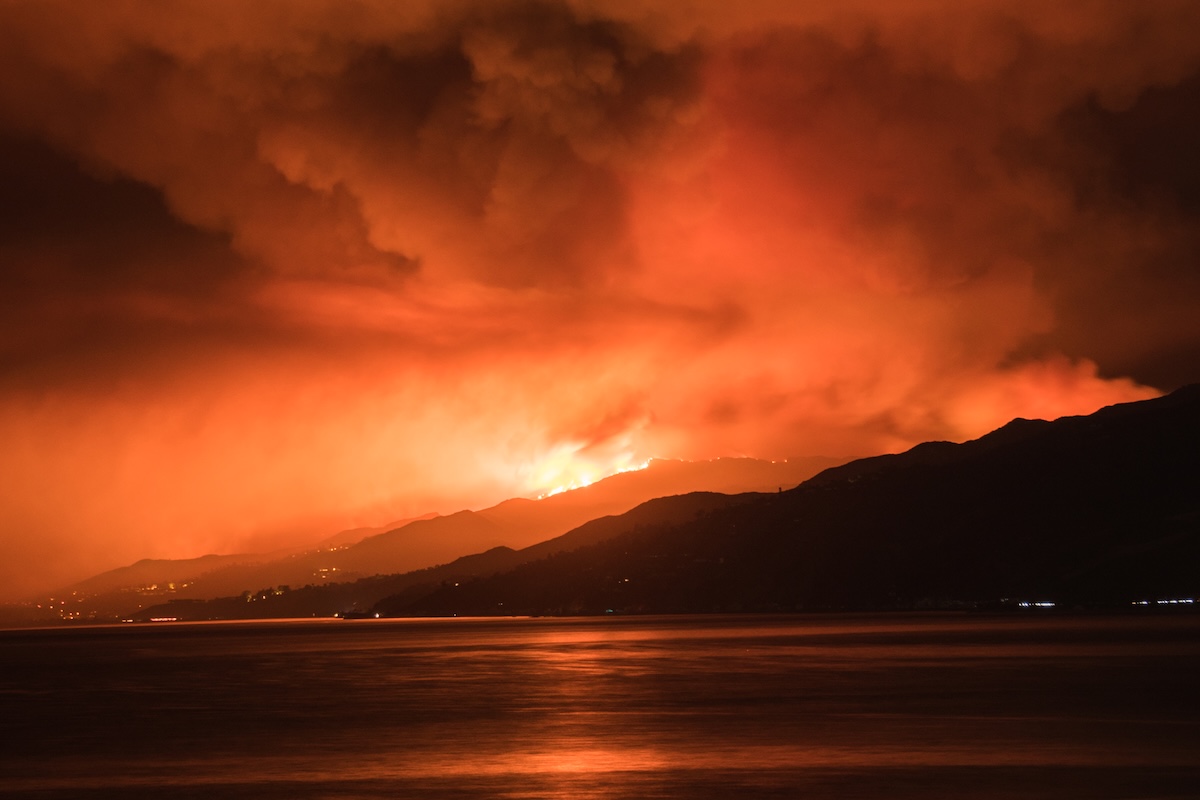 View of wildfire along Southern California coast