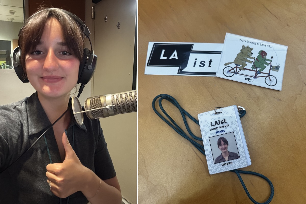Girl with brown hair at mic and giving thumbs up and LAist credentials on brown wood table.