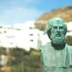 A selective focus shot of the bust of Homer in the Greek island of Ios