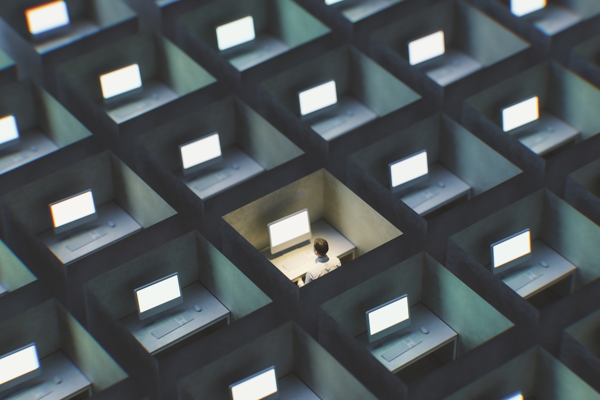 Surreal image of office cubicles with man working late. 3D generated image.
