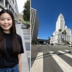 Meghan Hidayat outside of university hall and picture of city hall in DTLA