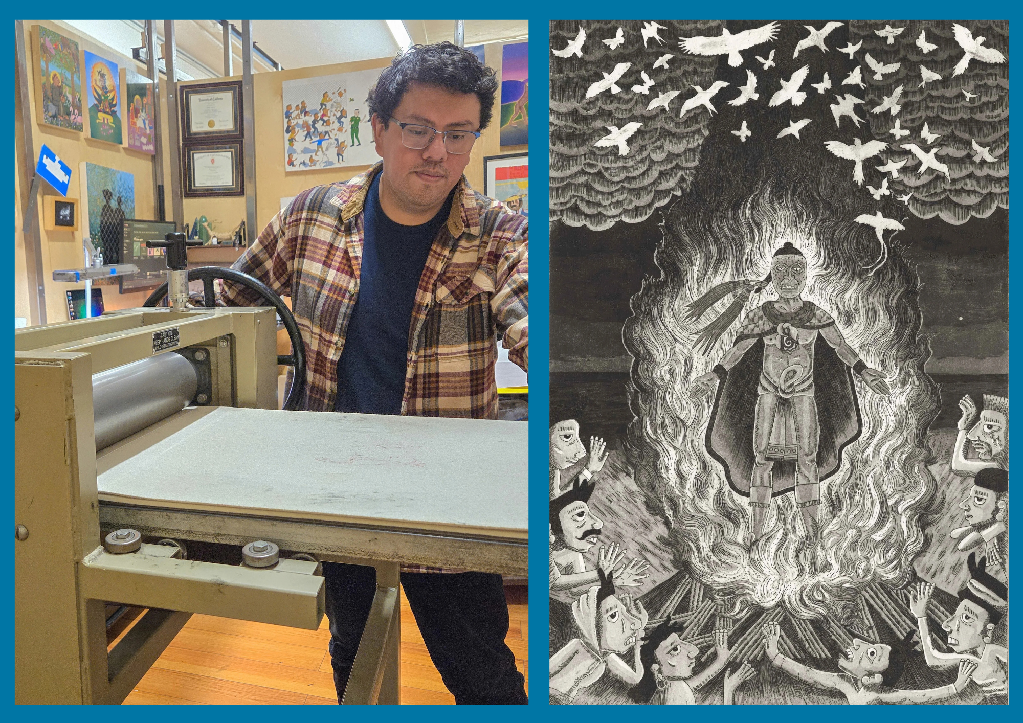 Headshot of Israel Campos beside his artwork "The Birth of Venus"