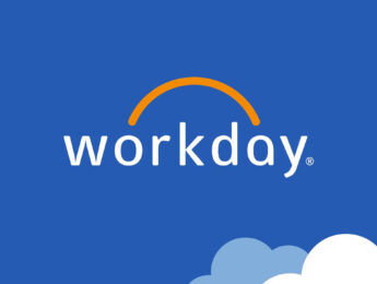 Workday logo in white and orange on a blue background with light blue and white cloud graphics along the bottom.