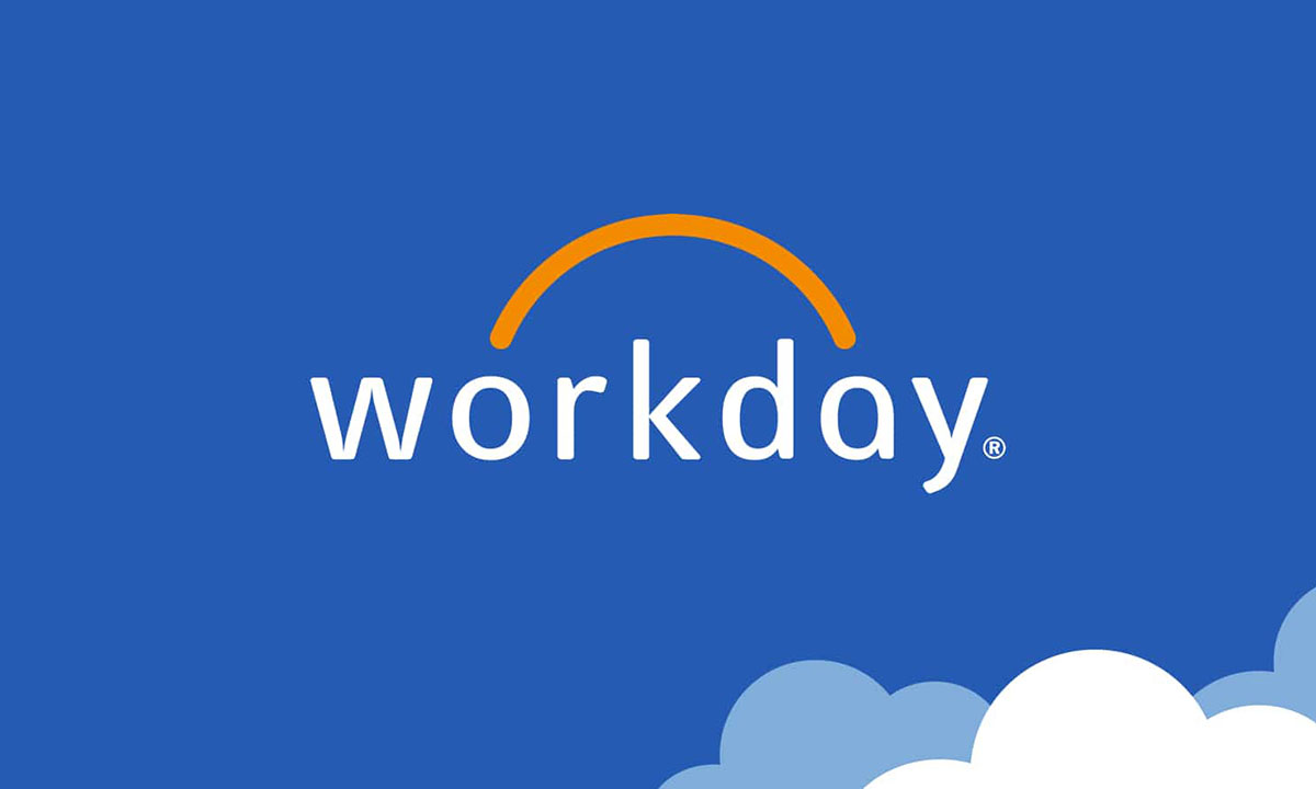 Workday logo in white and orange on a blue background with light blue and white cloud graphics along the bottom.
