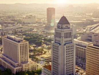 Aerial view of Los Angeles City Hall in city, City Of Los Angeles, California