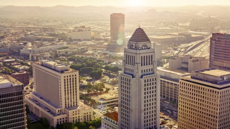 Aerial view of Los Angeles City Hall in city, City Of Los Angeles, California