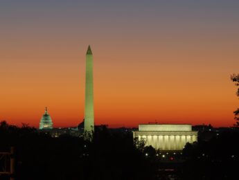 The skyline of Washington, DC, from Arlington, Virginia, before sunrise.