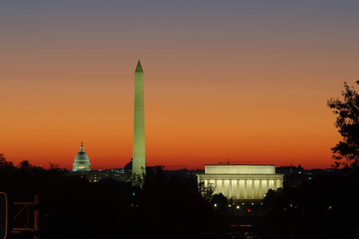 The skyline of Washington, DC, from Arlington, Virginia, before sunrise.
