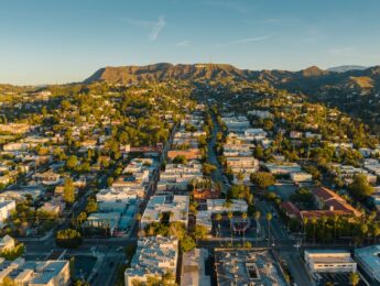 Beverly Hills and Hollywood sign at sunrise, Los Angeles, California