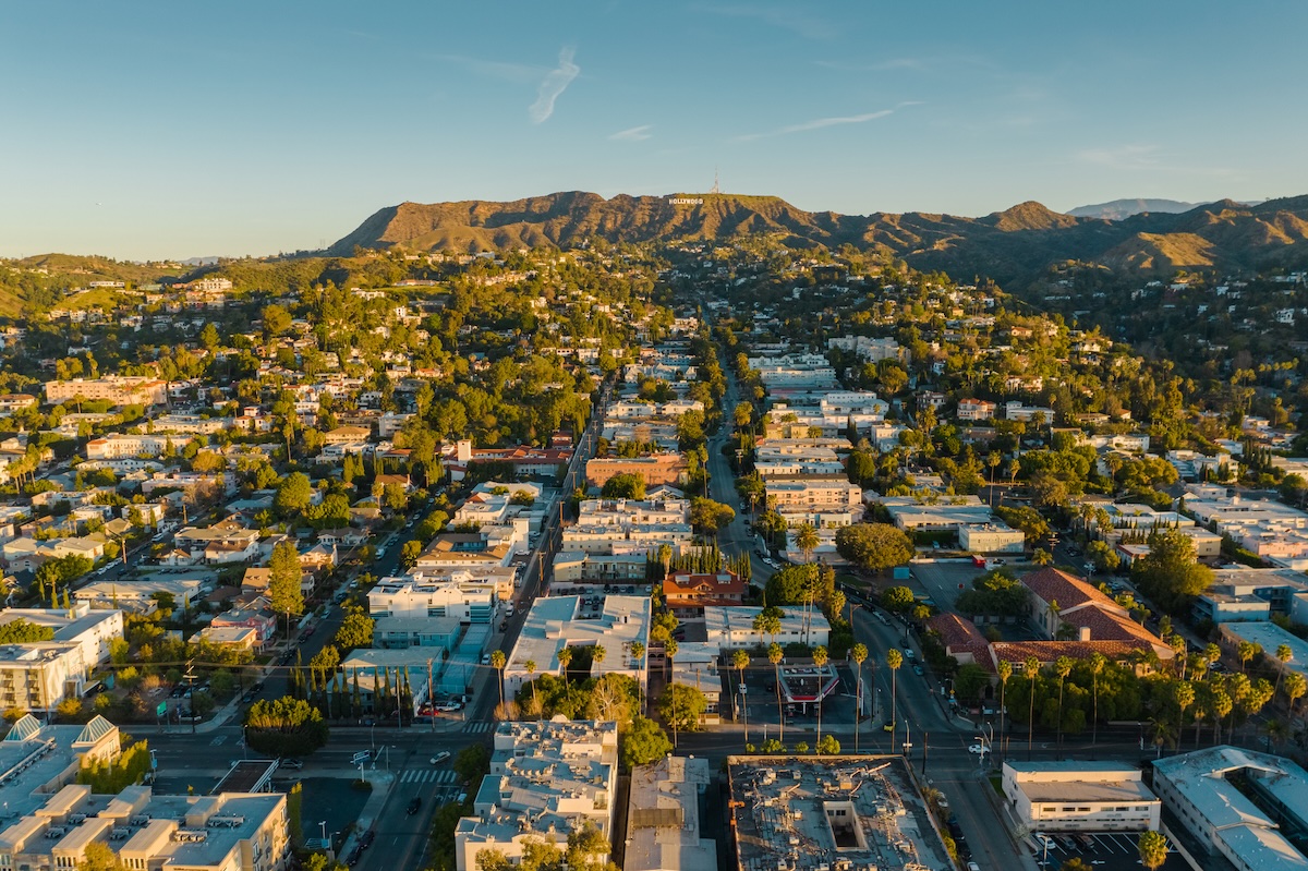 Beverly Hills and Hollywood sign at sunrise, Los Angeles, California