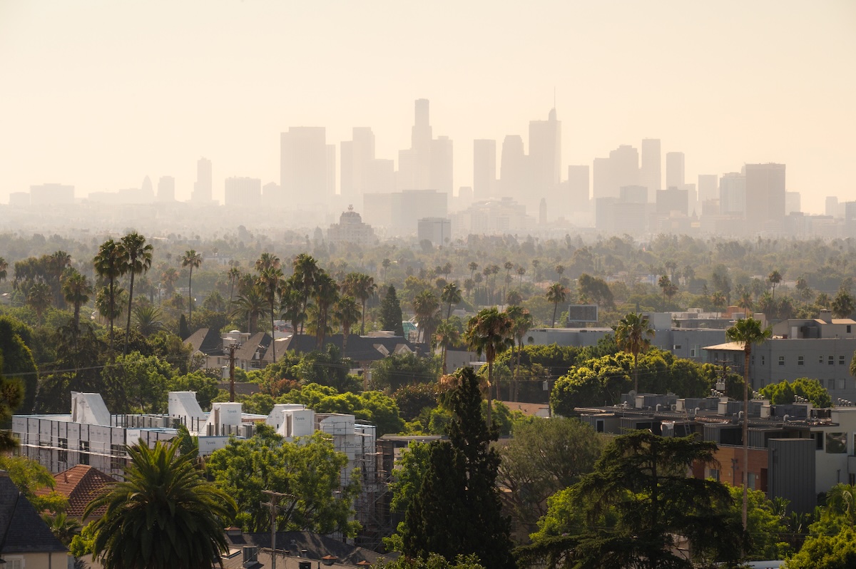 Golden light from the sunrise cast over Los Angeles, California