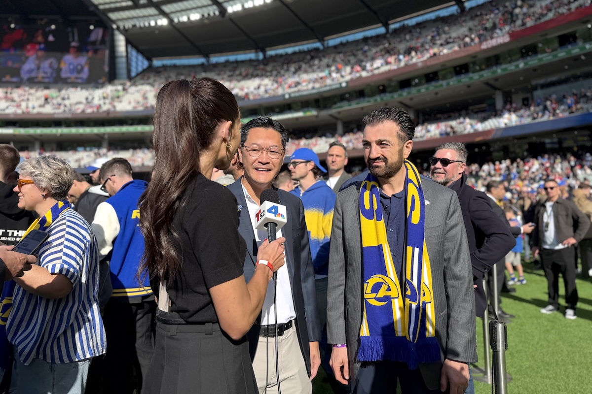 LMU President Thomas Poon and John Kiralla, EVP, COO, CMO/COO discussed the university’s partnership with the Rams with NBC-4 during their season opener in Melbourne.