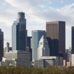 City Hall in the center, originally the tallest building in Los Angeles, dwarfed by recent skyscrapers