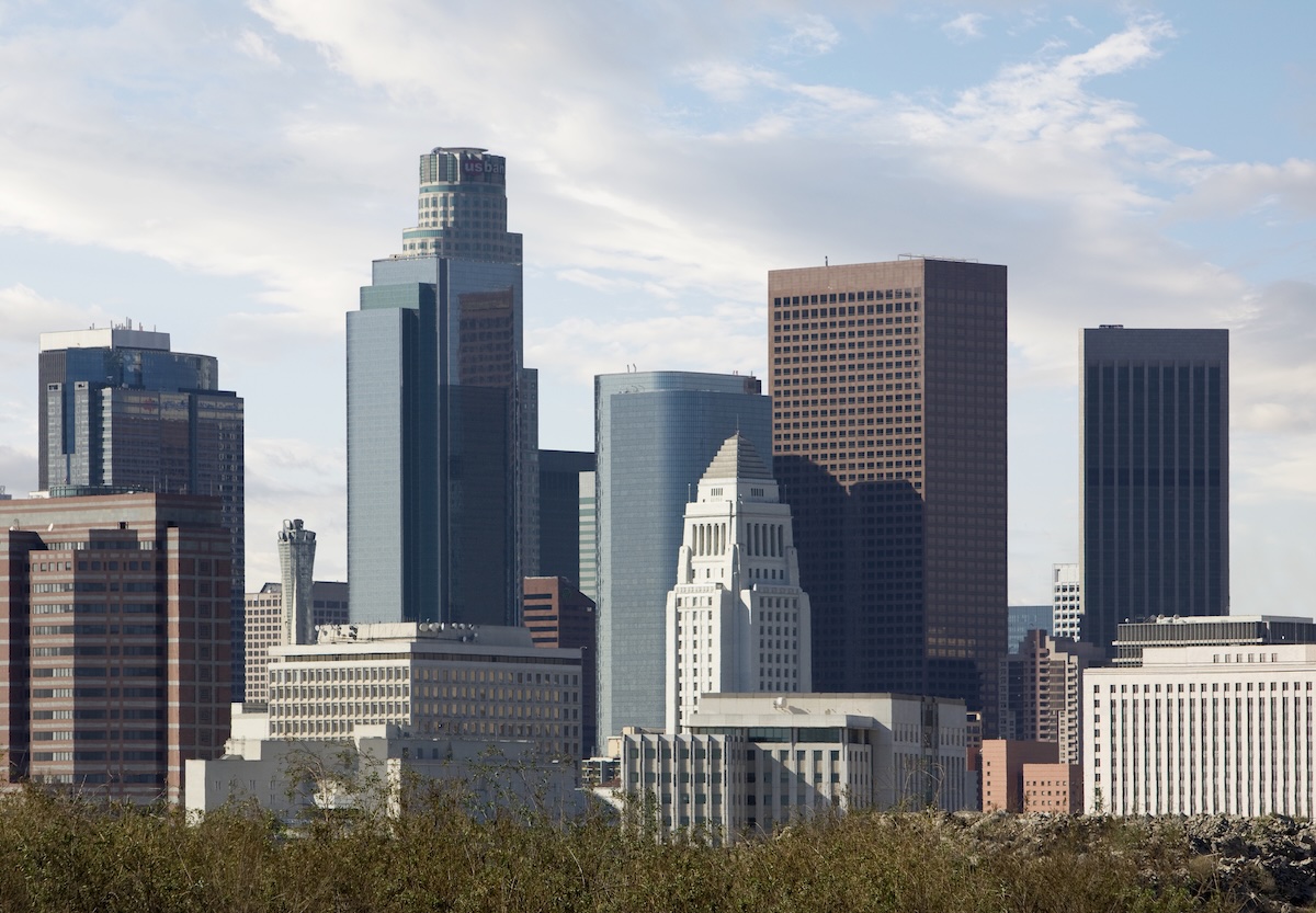 City Hall in the center, originally the tallest building in Los Angeles, dwarfed by recent skyscrapers