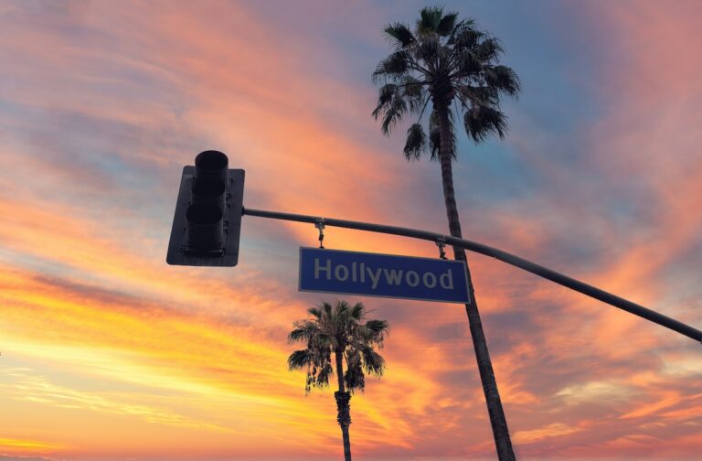 Hollywood street sign and traffic light with Palmtrees, Los Angeles