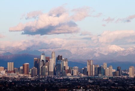Downtown Los Angeles with mountains in the background