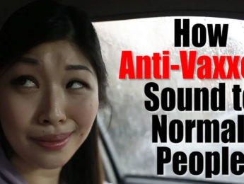 A person making a funny face next to the words How Anti-Vaxxers Sound to Normal People
