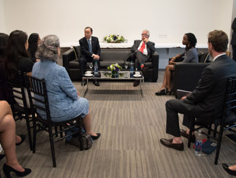 Students and faculty at Loyola Marymount University meeting with United Nations Secretary-General Ban Ki-moon.