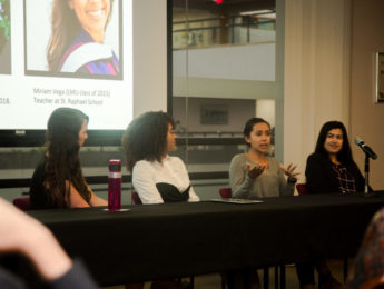 Melissa Iriarte, Miriam Vega, Sofia Espinoza and Stacy Trujeque speak at Women's Studies event