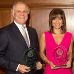 Joe Page ’75, MBA ’79 and Jovana Lara ’88 with their awards